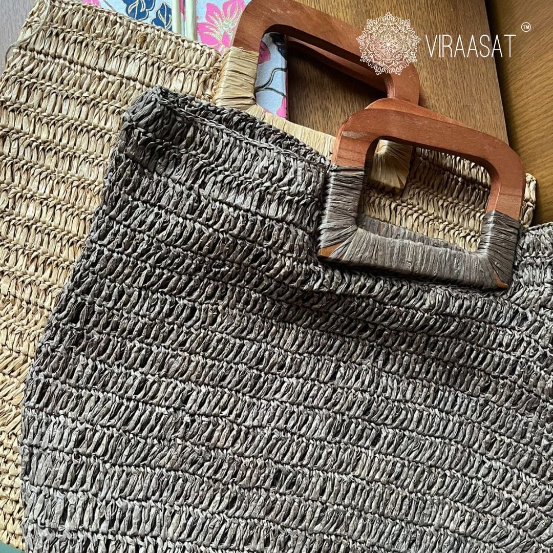 Raffia Square Wooden Handle Bag | Brown | 19x17 Inch | Viraasat The Legacy