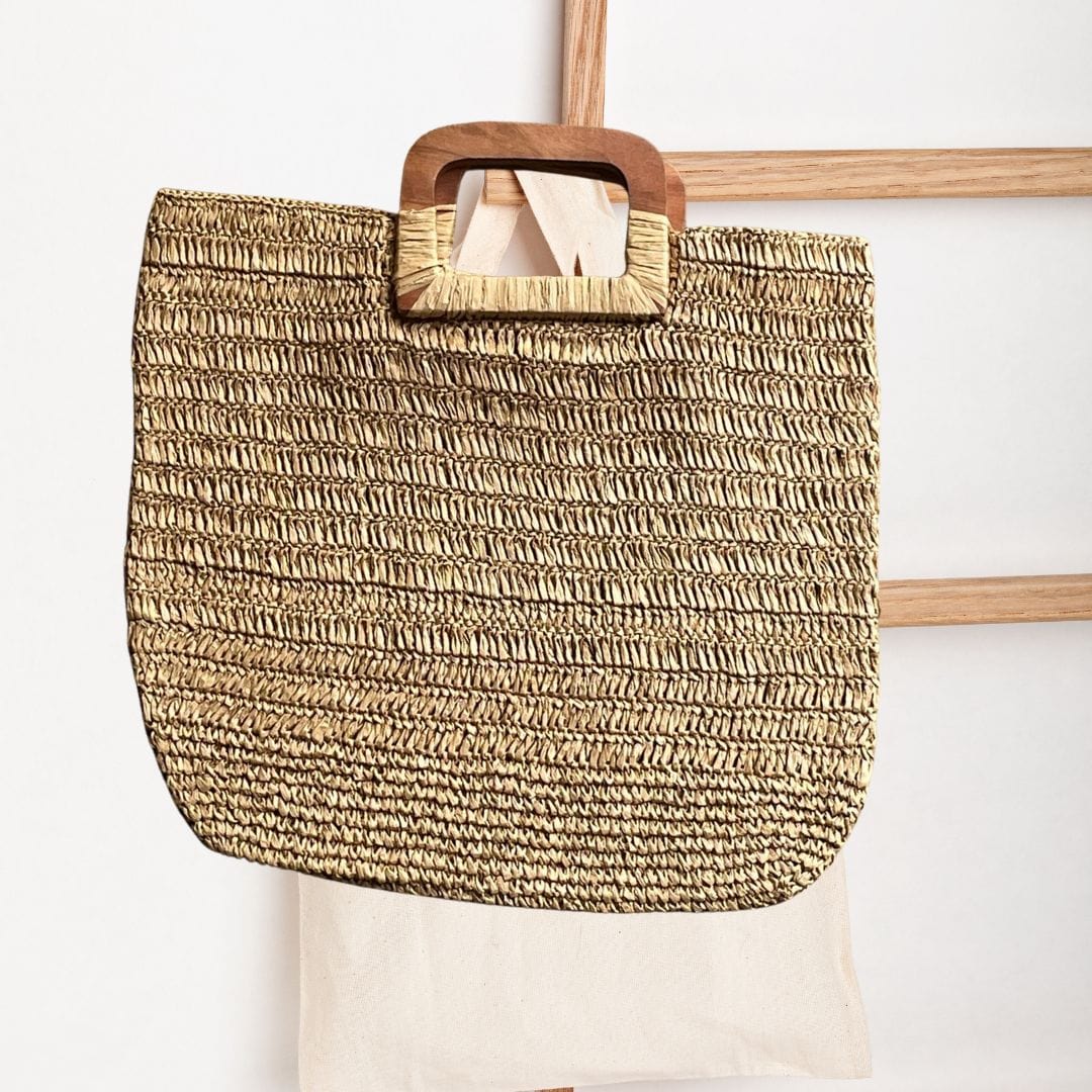 Raffia Square Wooden Handle Bag | Beige | 19x17 Inch | Viraasat The Legacy