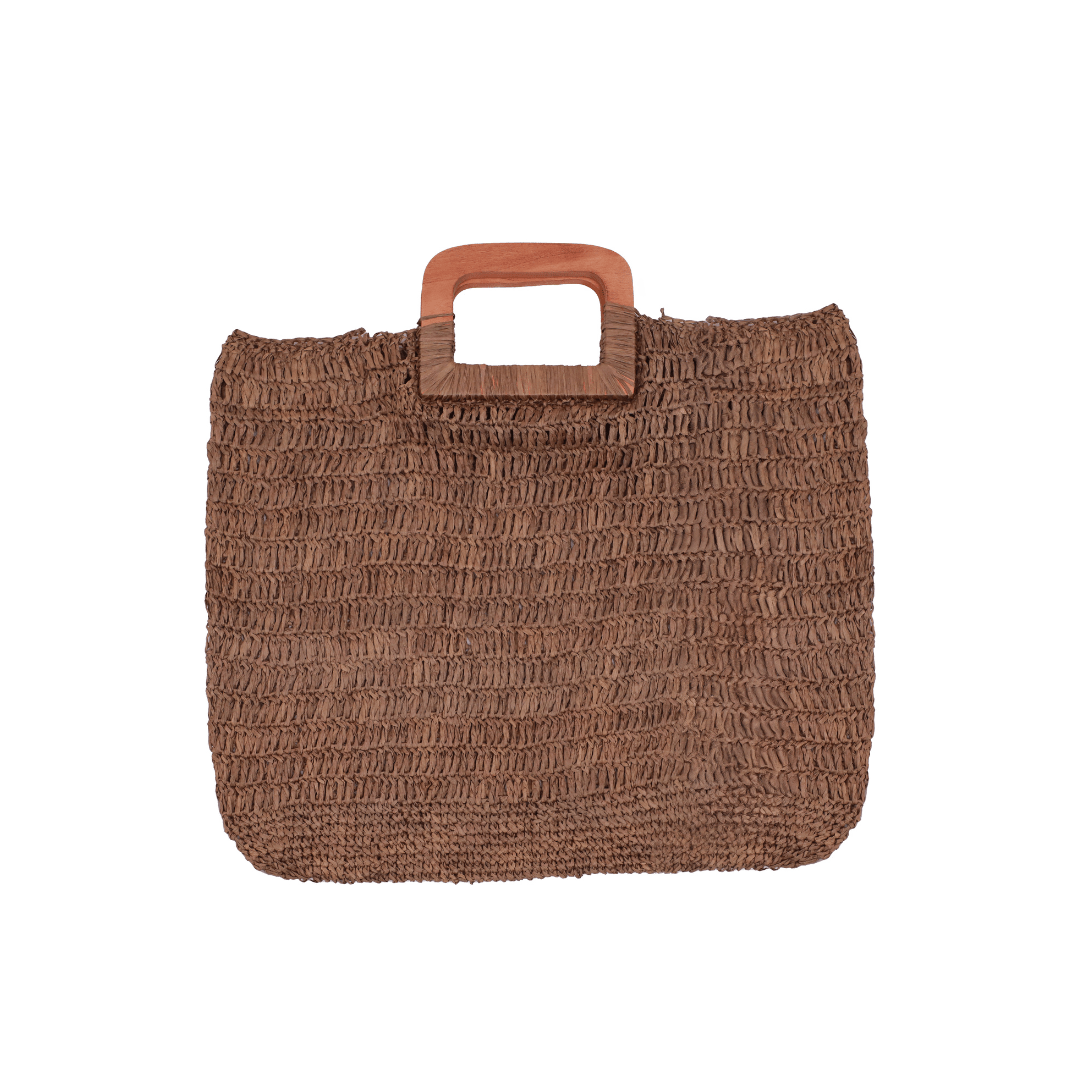 Raffia Square Wooden Handle Bag | Brown | 19x17 Inch | Viraasat The Legacy