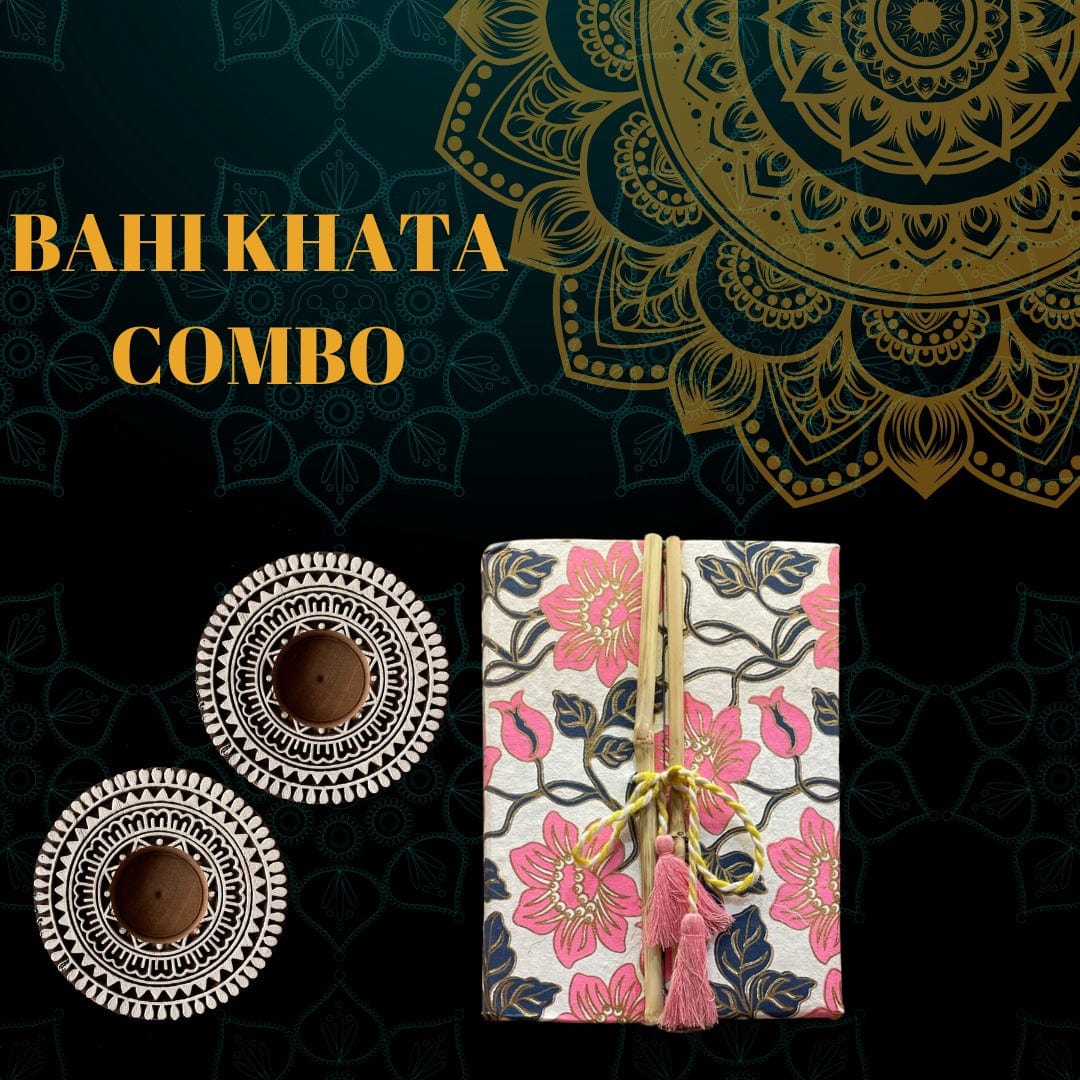 Bahi Khata Handmade Diary & Tea Light Candle Holder Mandala Diya Combo