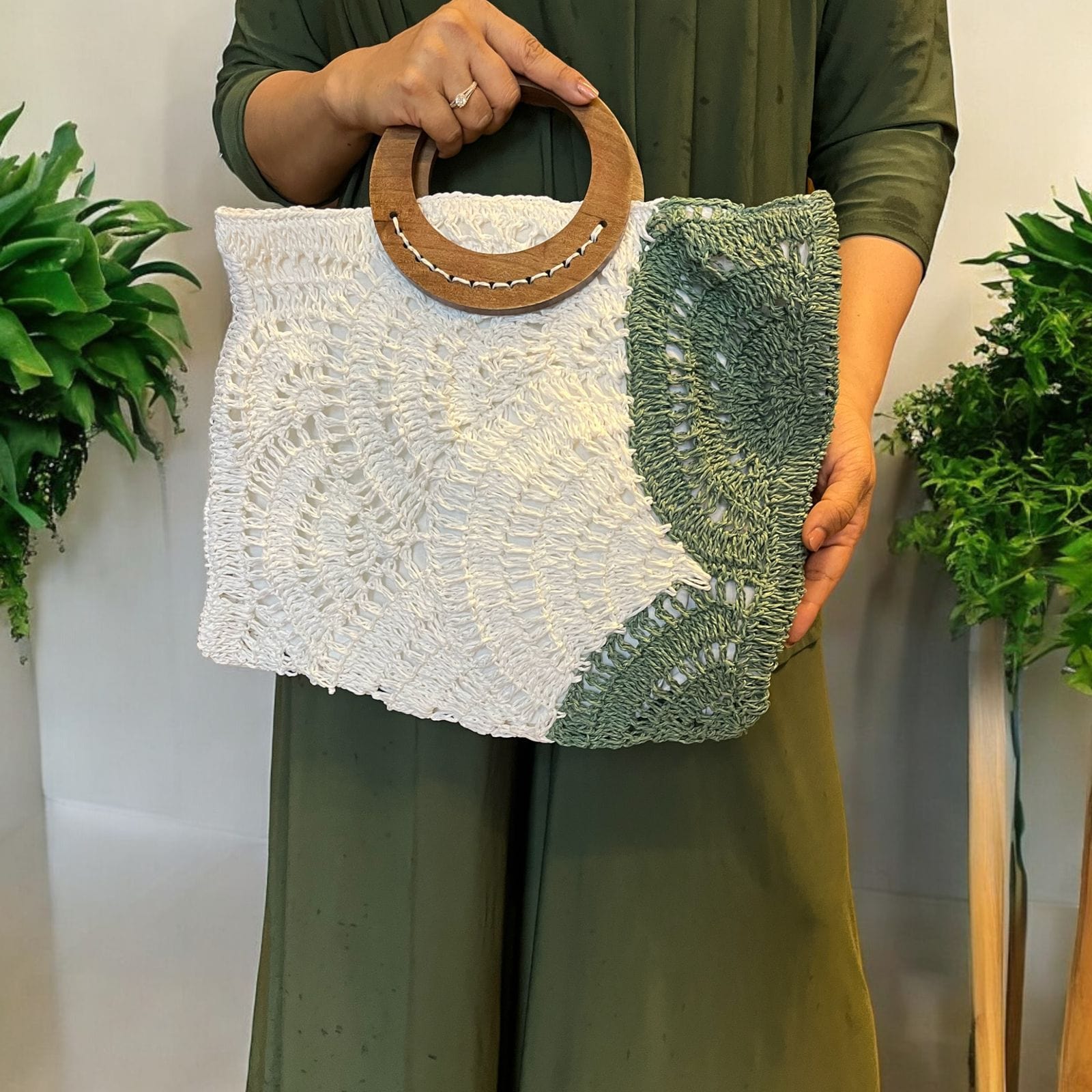 Raffia Green & White Bag | Viraasat The Legacy