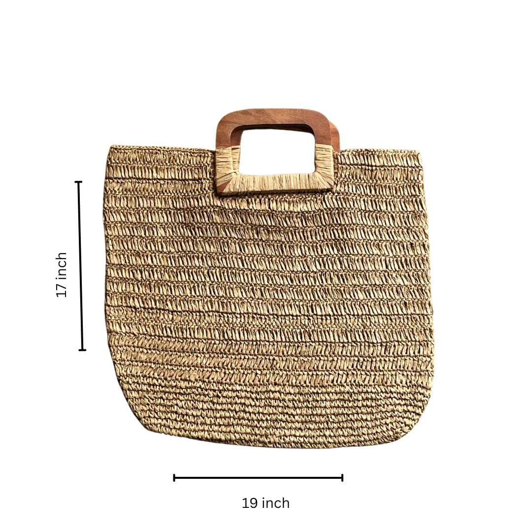 Raffia Square Wooden Handle Bag | Beige | 19x17 Inch | Viraasat The Legacy