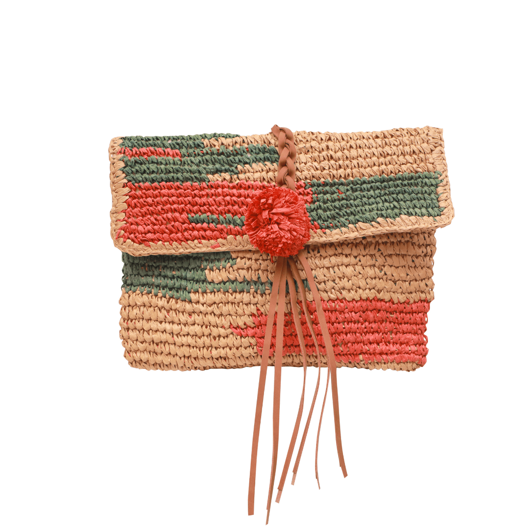 Raffia Red & Green Woven Clutch | Viraasat The Legacy