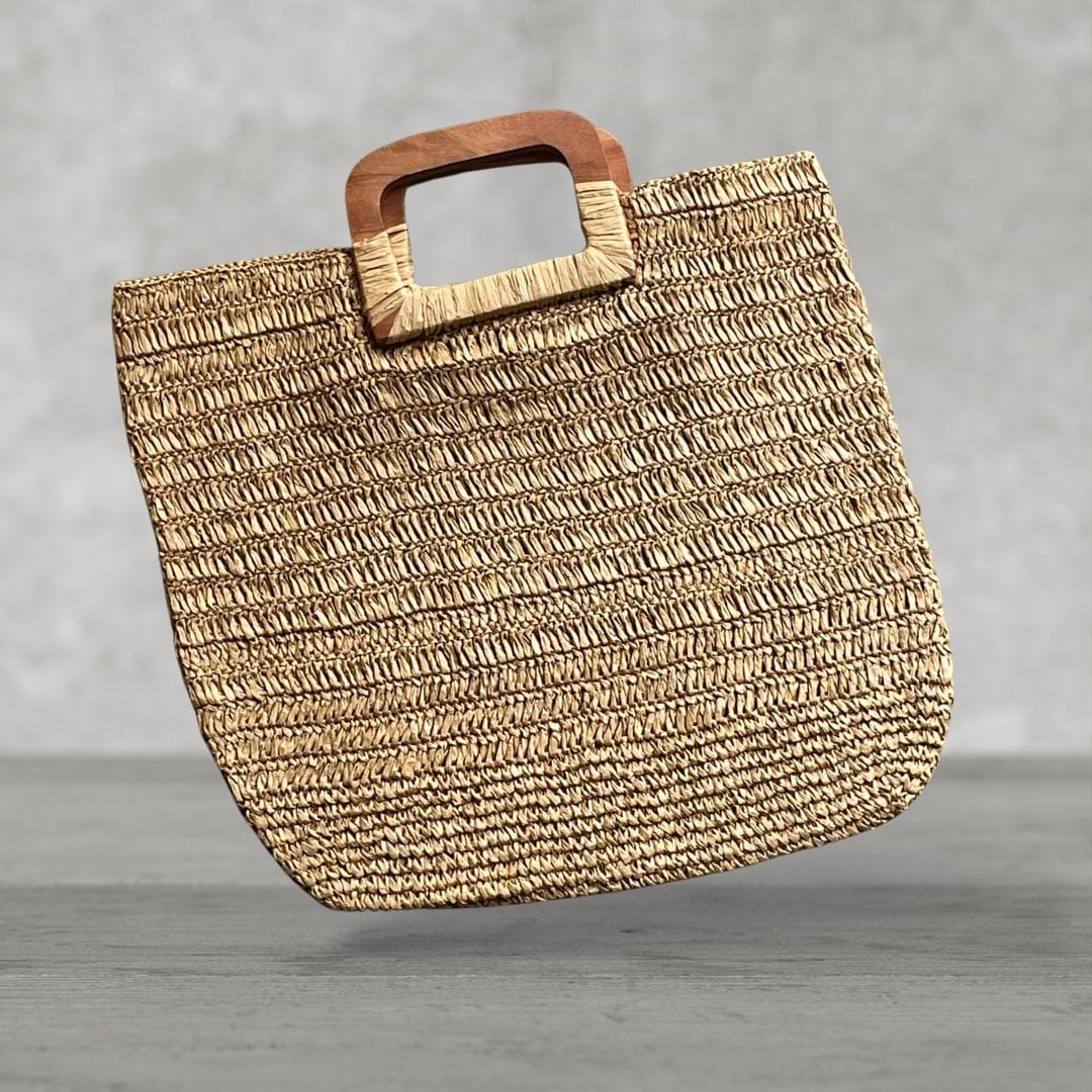 Raffia Square Wooden Handle Bag | Beige | 19x17 Inch | Viraasat The Legacy