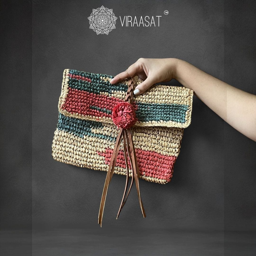 Raffia Red & Green Woven Clutch | Viraasat The Legacy