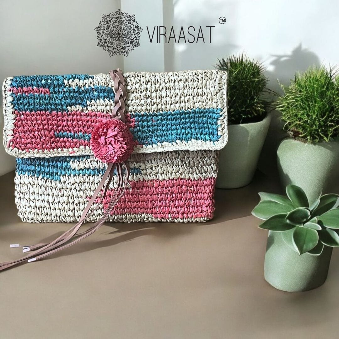 Raffia Red & Green Woven Clutch | Viraasat The Legacy