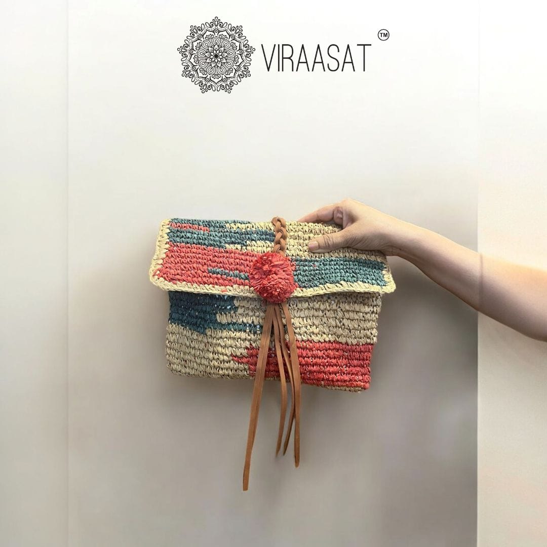 Raffia Red & Green Woven Clutch | Viraasat The Legacy