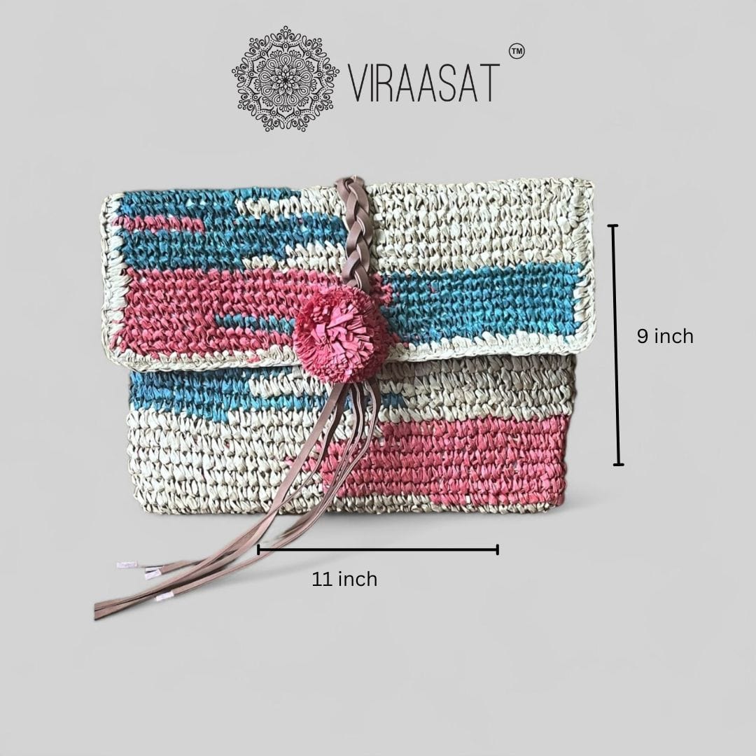 Raffia Red & Green Woven Clutch | Viraasat The Legacy