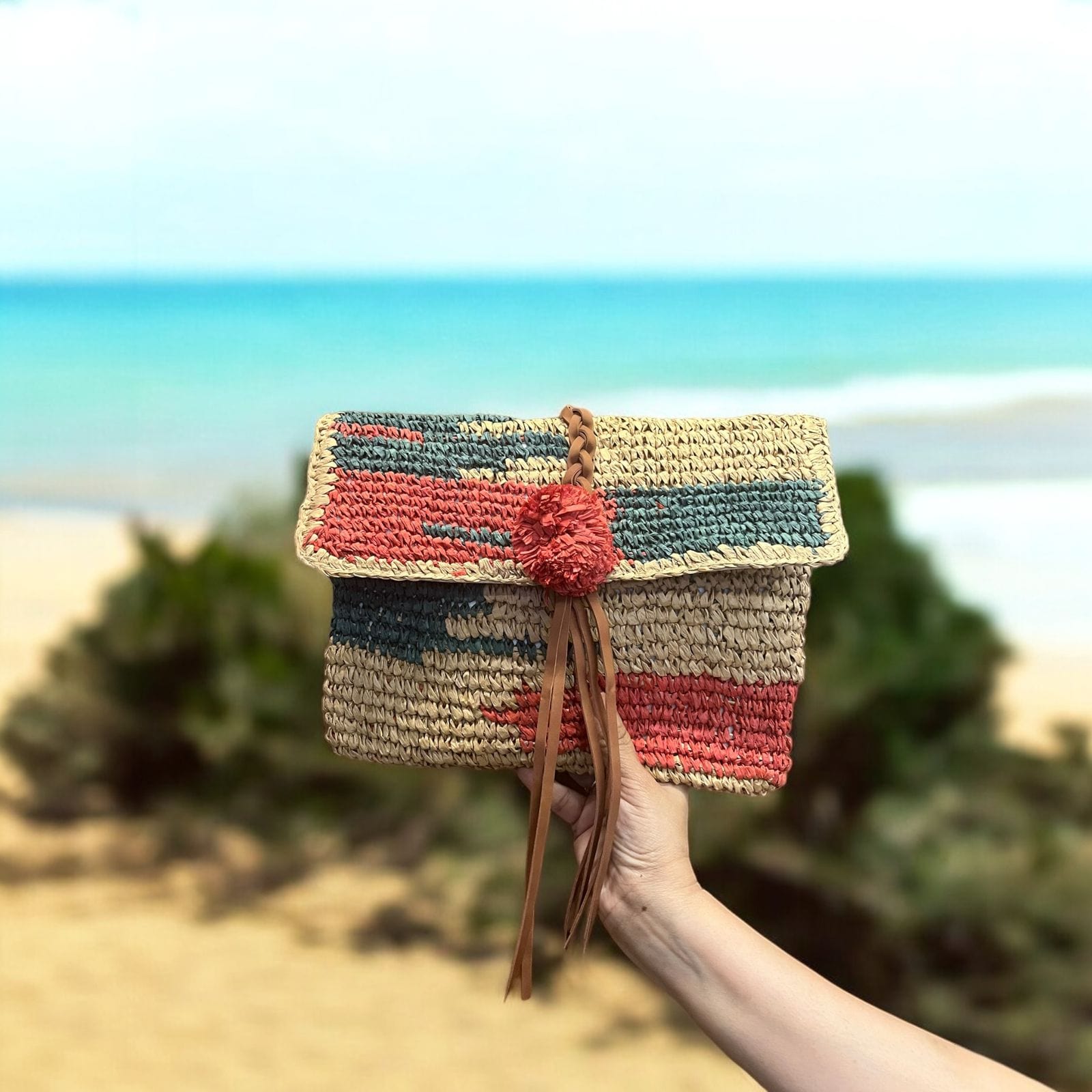 Raffia Red & Green Woven Clutch | Viraasat The Legacy