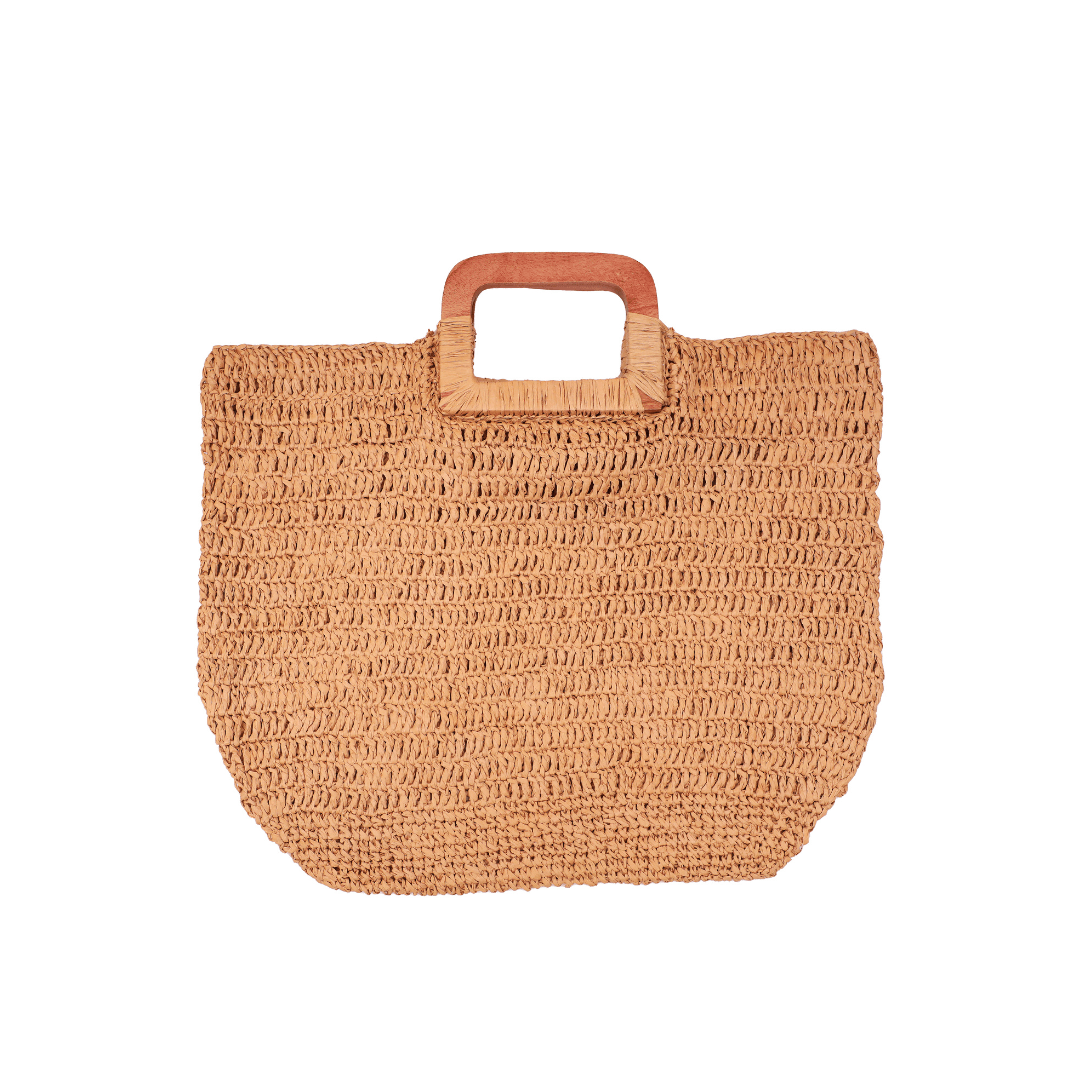 Raffia Square Wooden Handle Bag | Beige | 19x17 Inch | Viraasat The Legacy